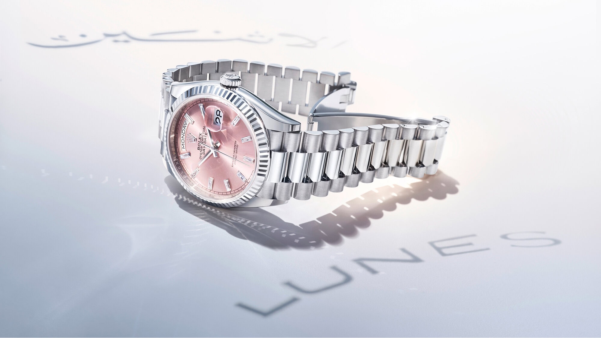 Rolex Day-Date watch with pink dial and diamond hour markers - Swee Cheong Watch